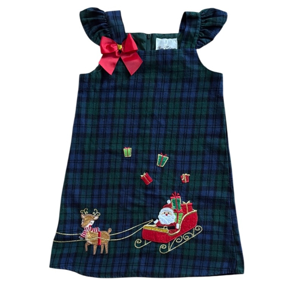 RARE EDITIONS SANTA IN FLIGHT W/ REINDEER GREEN BLUE PLAID SZ 6 CHRISTMAS JUMPER